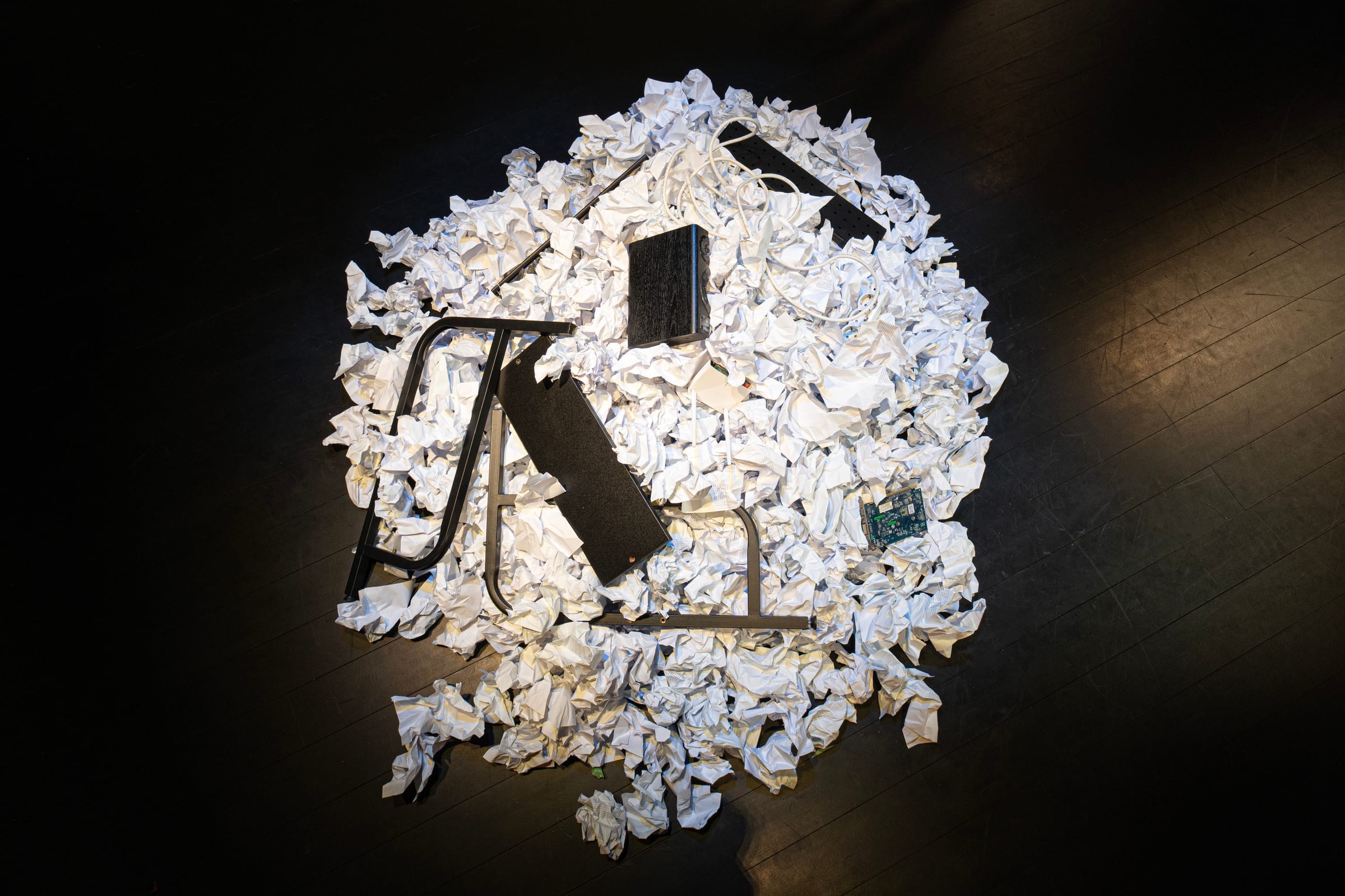 Overhead view of the heaped printouts