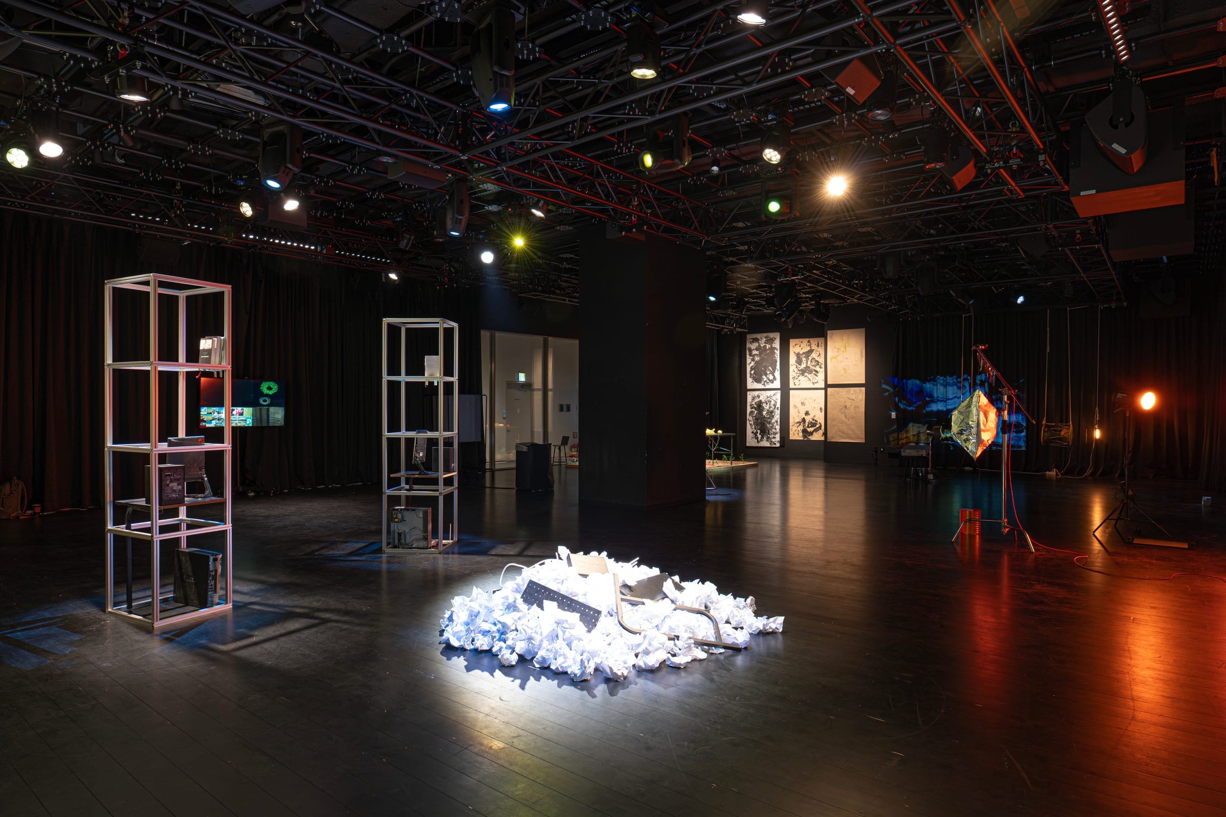 Installation view of two aluminum grids